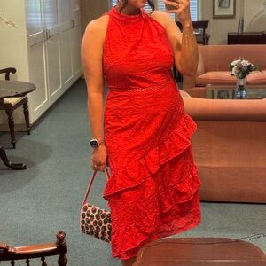 High Neck Eyelet Midi Dress